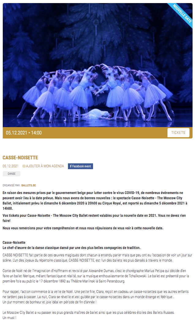 Page Internet. Cirque Royal. Casse-noisette. The Moscow City Ballet. Organisé par ballets.be. 2021-11-23